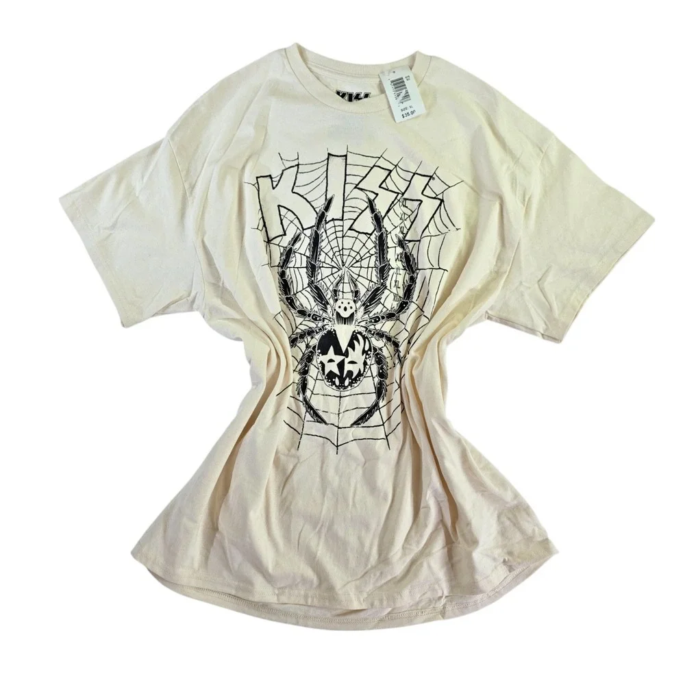 KISS Spider Web Graphic Tee XL Band Tour T-Shirt Beige Rock Vintage Style - Picture 3 of 6